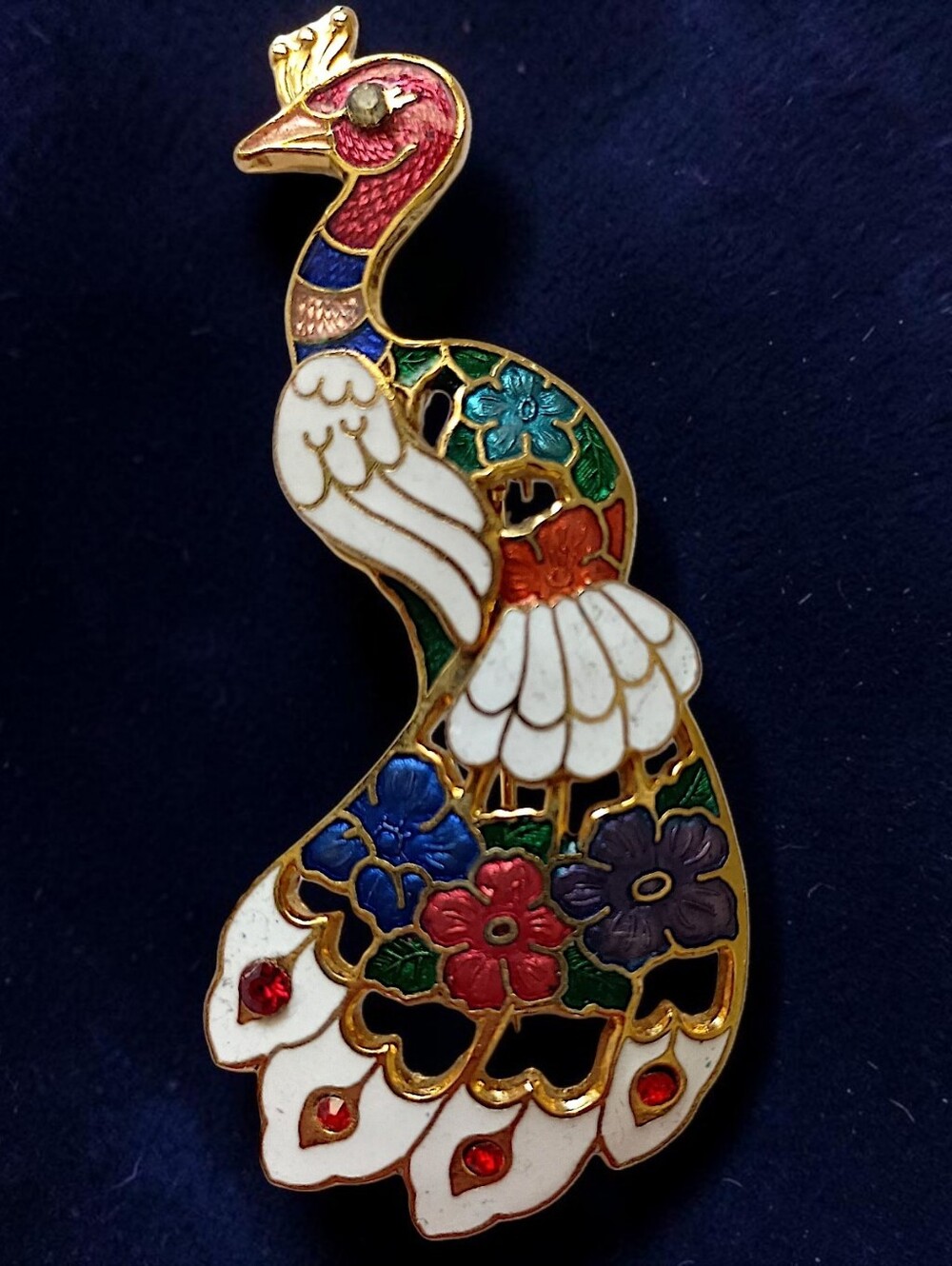 Vintage Cloisonne Peacock Brooch Pin Enameled Floral Rhinestones Gold Tone Bird